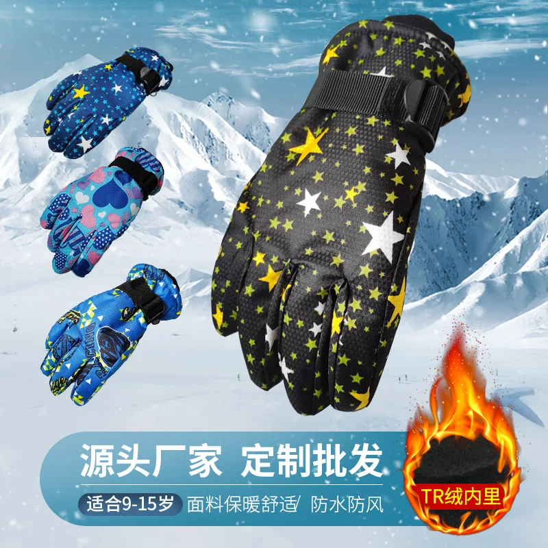 Ski gloves winter outdoor sports wholesale floral kids gloves 9-15 years old warm gloves