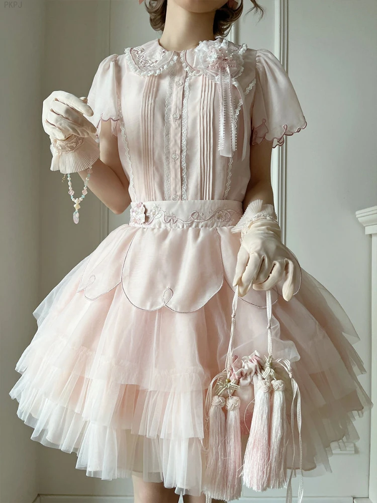 Ensemble 2 pièces Lolita rose Kawaii pour femmes, mini jupes japonaises élégantes, chemisier en dentelle de princesse femme imbibée, jupes douces élastiques