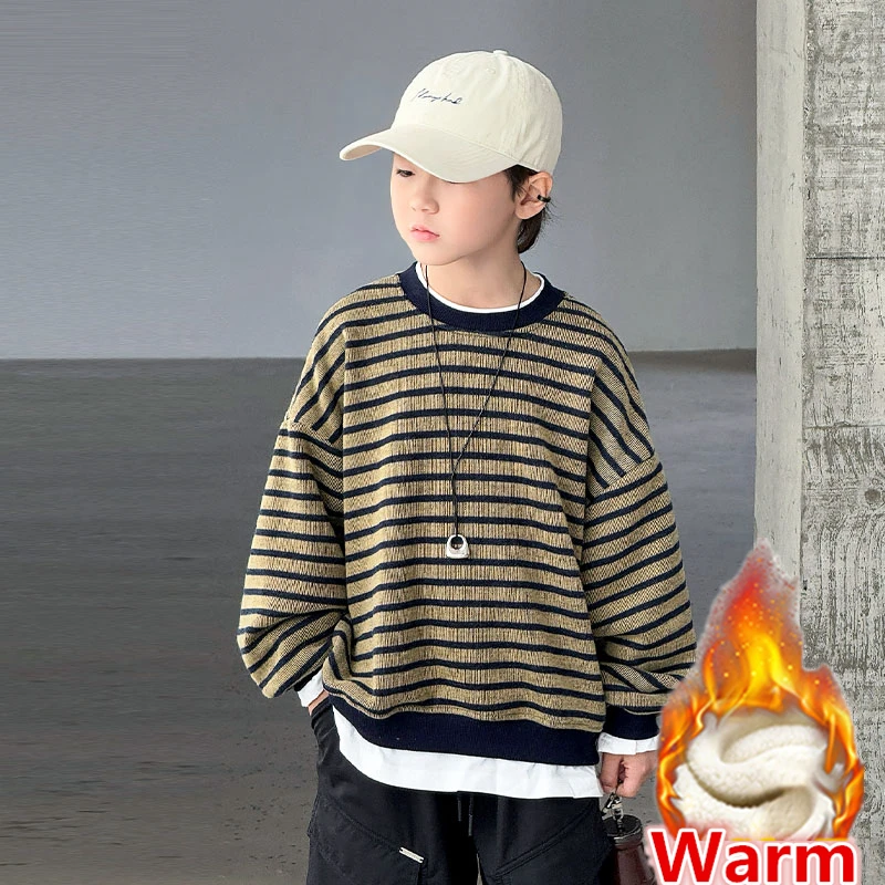 

Fashion Casual Children's Clothing for Boys in Winter Warm Sweatshirt with Fleece Lined Kids Insulated Striped Hoodie Coat 5-14Y