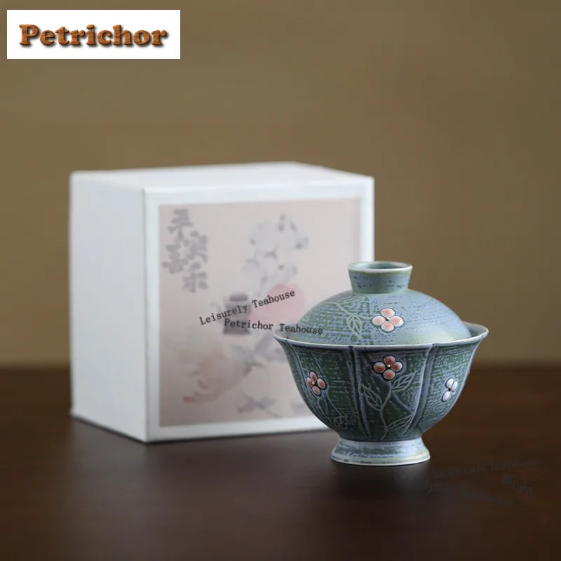 120ml Turquoise Green Kiln Fambe Petal Gaiwan Boutique Tea Tureen Tea Bowl with Lid Kit Tea Brewing Cover Bowl Tableware Gift