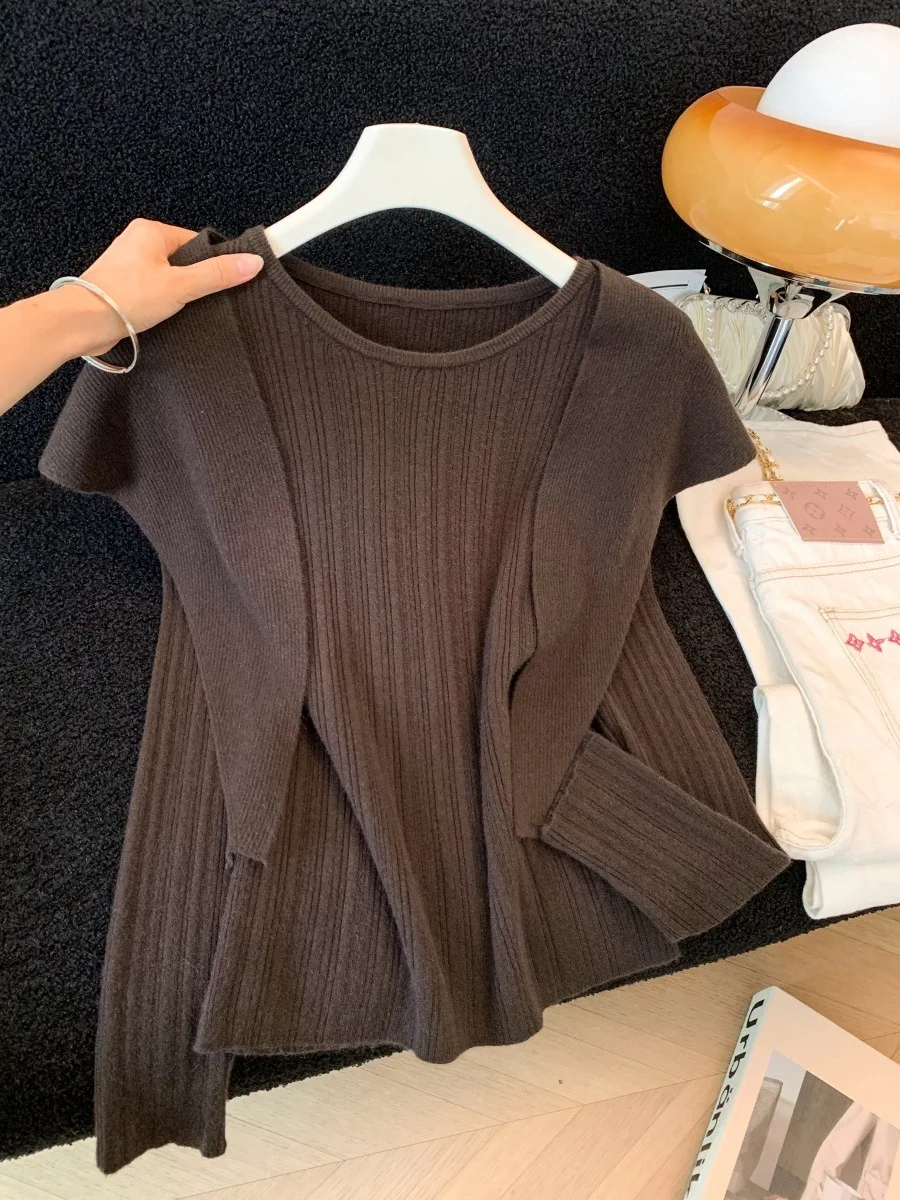Retro Knitted Shawl Two-Piece Set Women's Autumn Winter Slimming Long Sleeve Base Shirt Korean Style Soft Fine Yarn  Color
