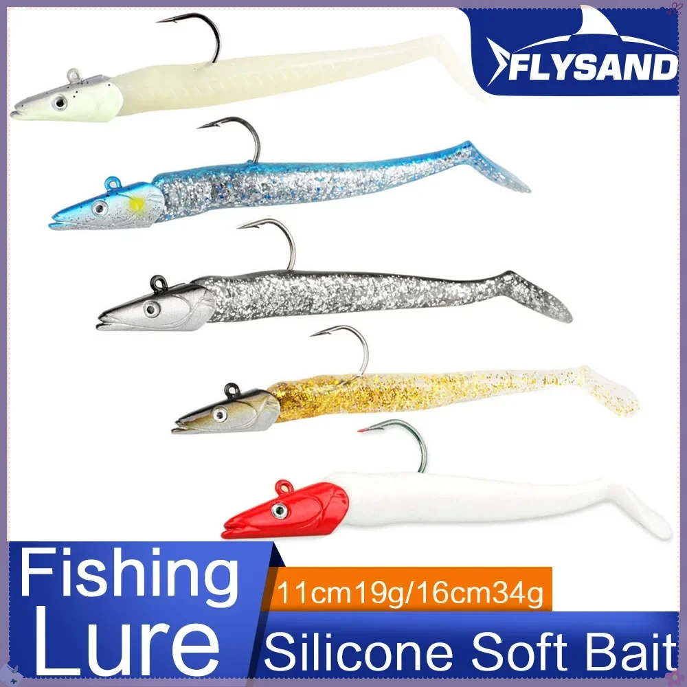 Flysand isca de silicone macio 11cm 19g 16cm 34g gabarito cabeça de peixe para água doce e sal isca de pesca de afundamento realista