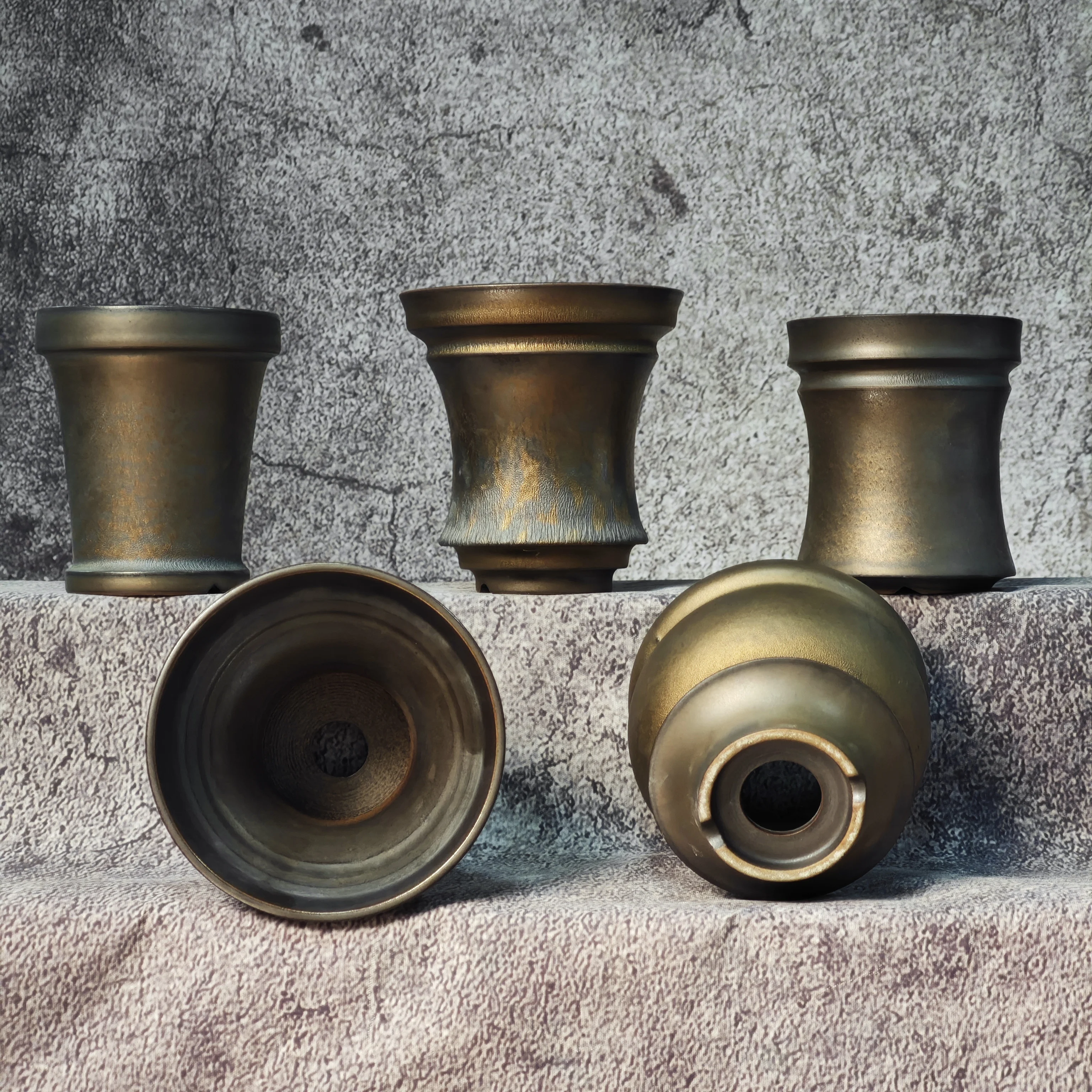 Small Handmade Gold Ceramic Pot Planter Unique Desktop Planter for Caudex Pachypodium Cactus Agave Succulent Tropical Plant