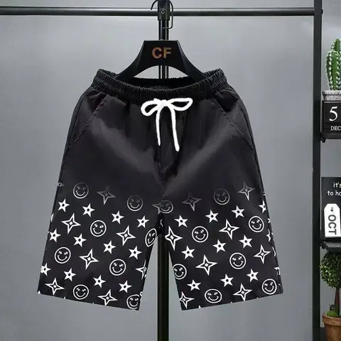 미국 Y2K 스타일 스트리트 트렌디 반바지 반 단색 반 그래픽 프린트 남성용 빠른 건조 비치 캐주얼 야외 운동 바지