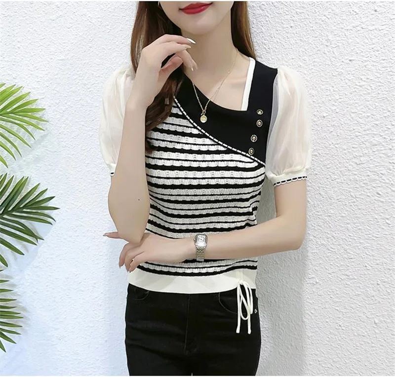 Drawstring Ice Silk Knitwear Short-Sleeved Women 2024 Summer New Striped Bottoming Shirt Diagonal Neck T-Shirt Slim Top Women