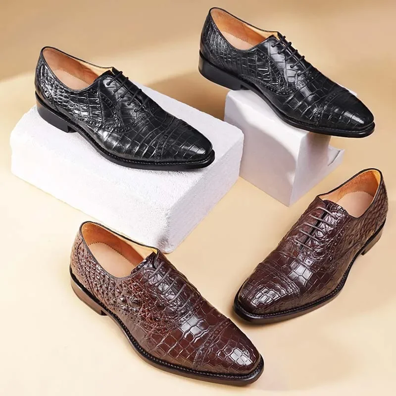 Ouluoer, zapatos de cuero de cocodrilo para hombres, zapatos de ocio para hombres, zapatos manuales de negocios para hombres, diseños de patrones tallados, zapatos de buey para hombres