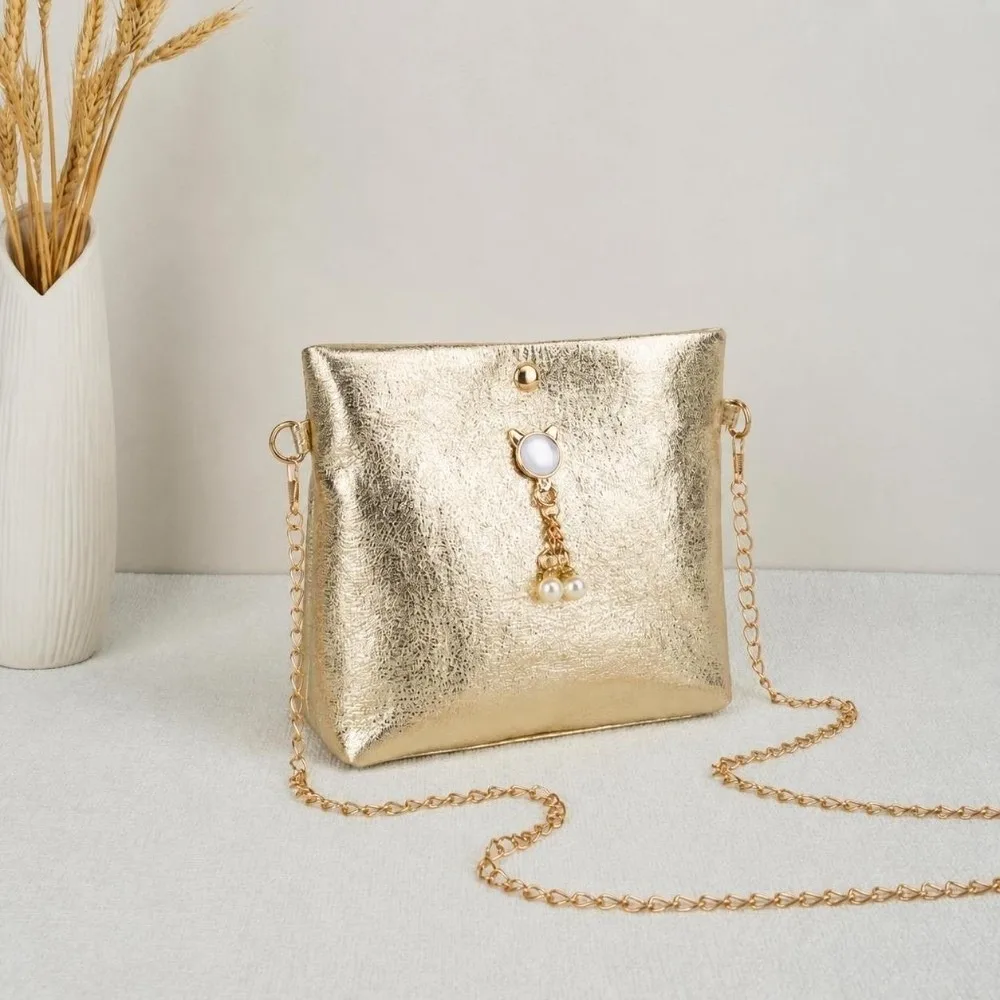 Casual PU Leather Crossbody Bag Chain Strap Pearl Tassel Decor Clutch Purse Mini Handbag Women