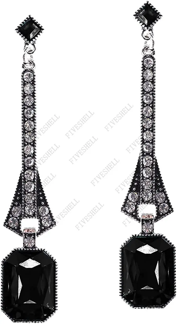 1920s Art Deco antico Vintage Flapper Style Jet Black strass orecchini pendenti Extra lunghi orecchini di perle gioielli per le donne