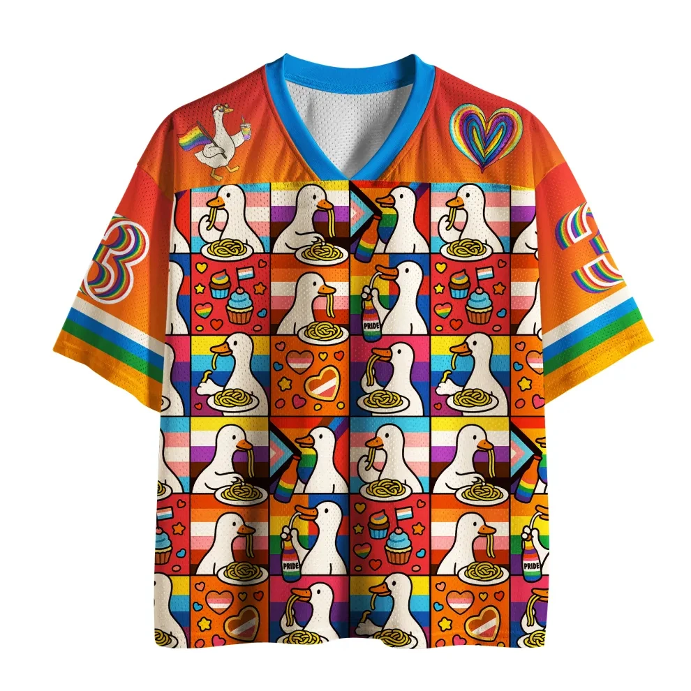 Proud Rainbow Cartoon Duck Pasta Mesh V-neck Baseball Style Short Sleeve Large Loose Y2K Fashion Street T-shirt