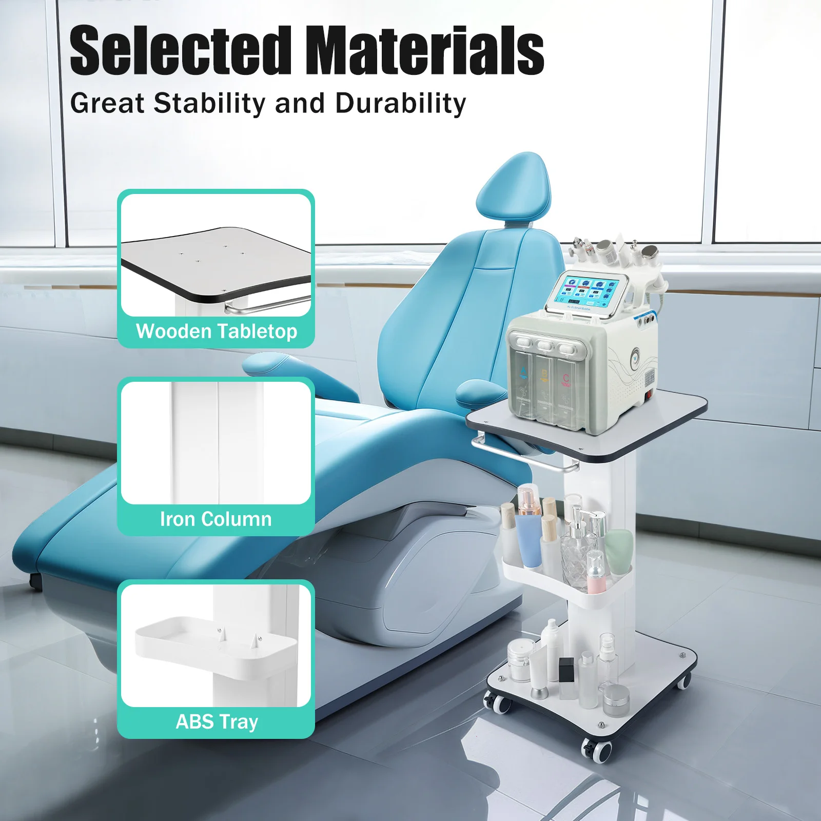 Immagine 7: Carrello per salone di bellezza 34 * 38 * 69 cm, carrello con rotelle, carrello a rulli per supporto spa per salone con maniglia adatto per infermieri, impiegati per ufficio