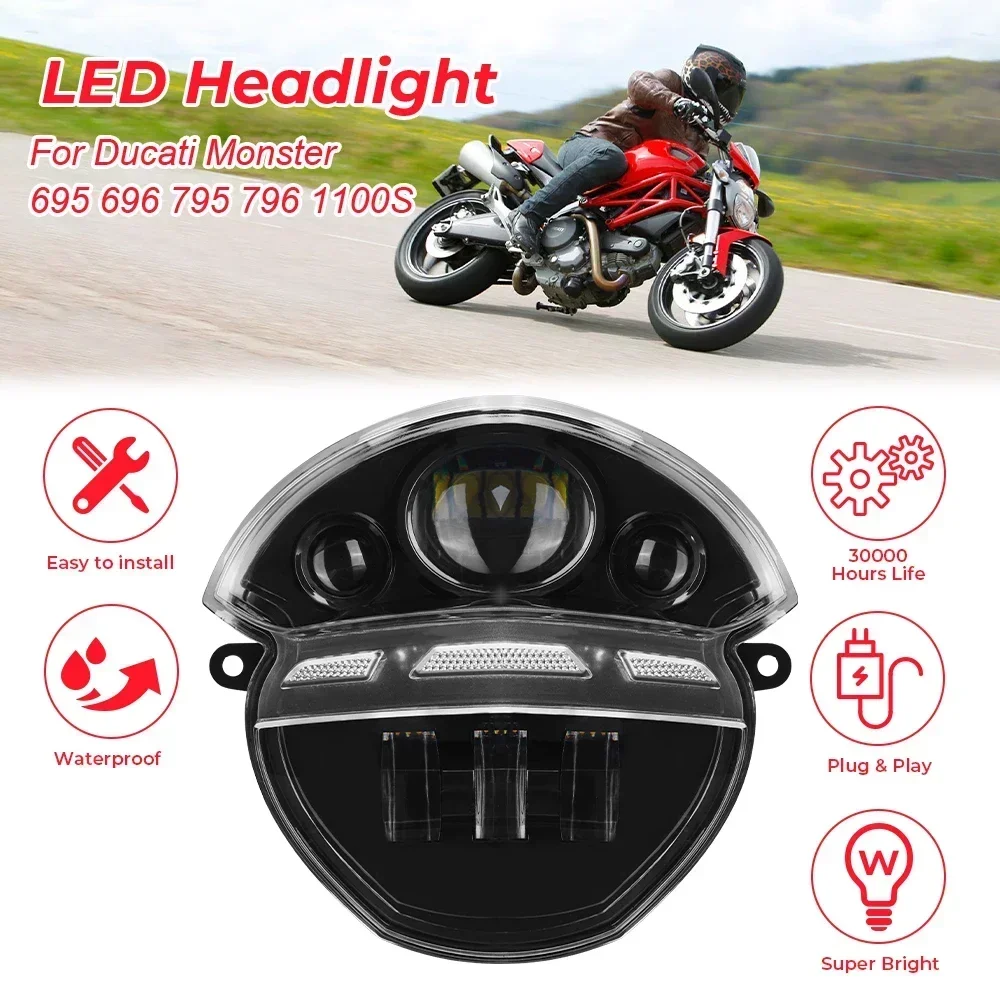 LED Headlight For Ducati Monster 695 696 795 796 1100 1100S M1000 2008 2015 Front Head Lights Lamp Assembly Complete 12V IP67