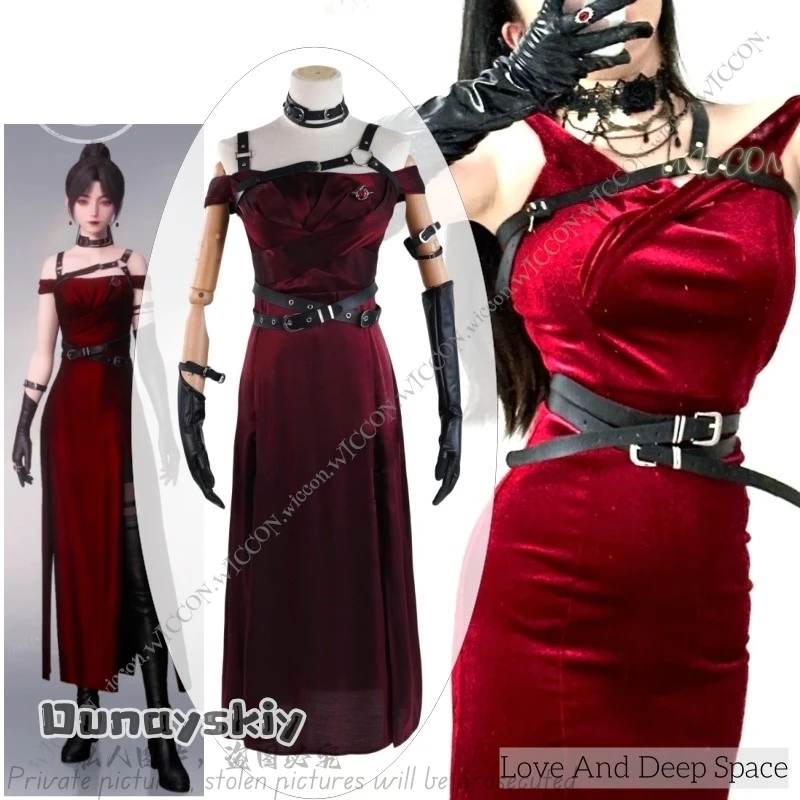 Love And Deep Space Anime Game Leading Lady Cosplay Halloween Costume Wig Red Gown Comic-Con Character Huntsman Party Woman