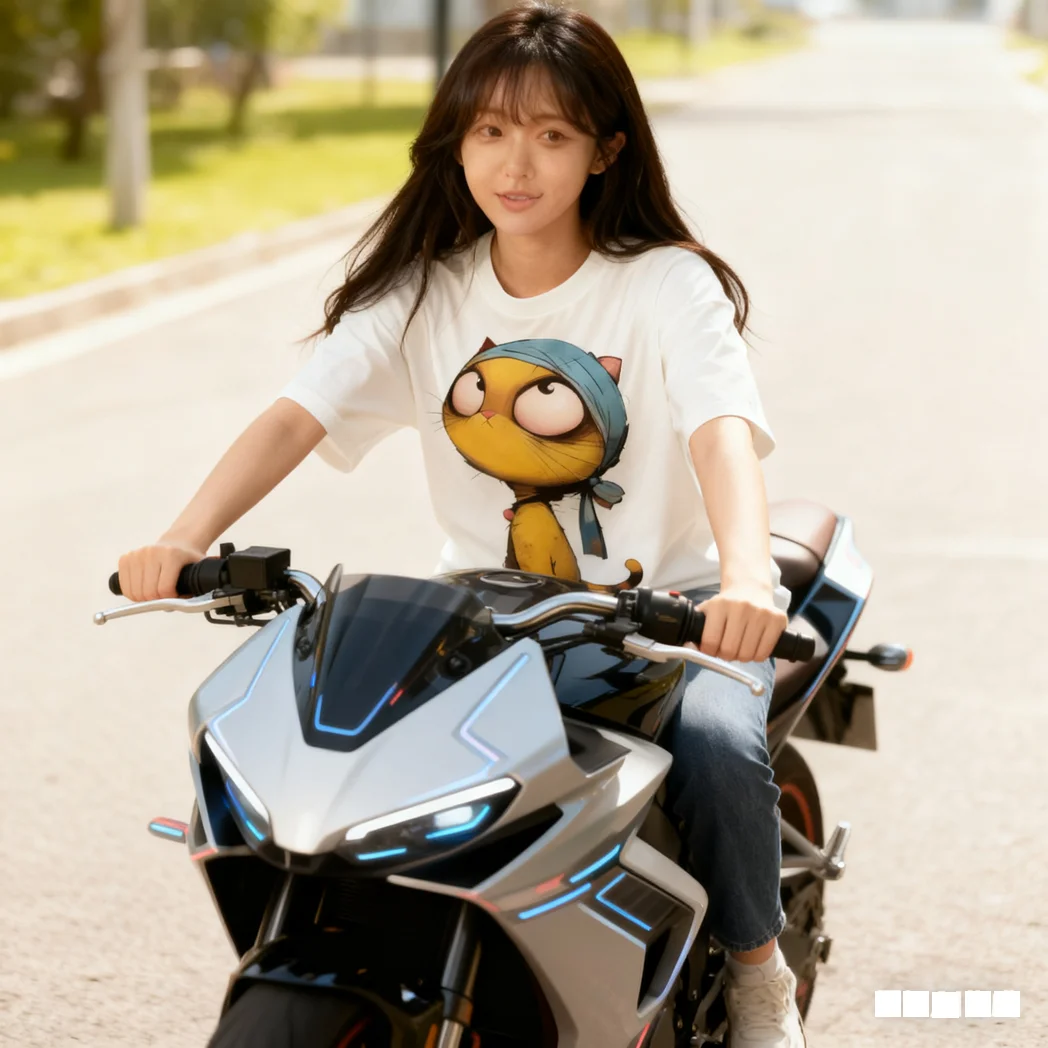 

Comic Cat Print Women's Cotton Tshirt Celebrity Brand Same Style Y2K Harajuku Streetwear Oversized Round Neck Kpop Tee