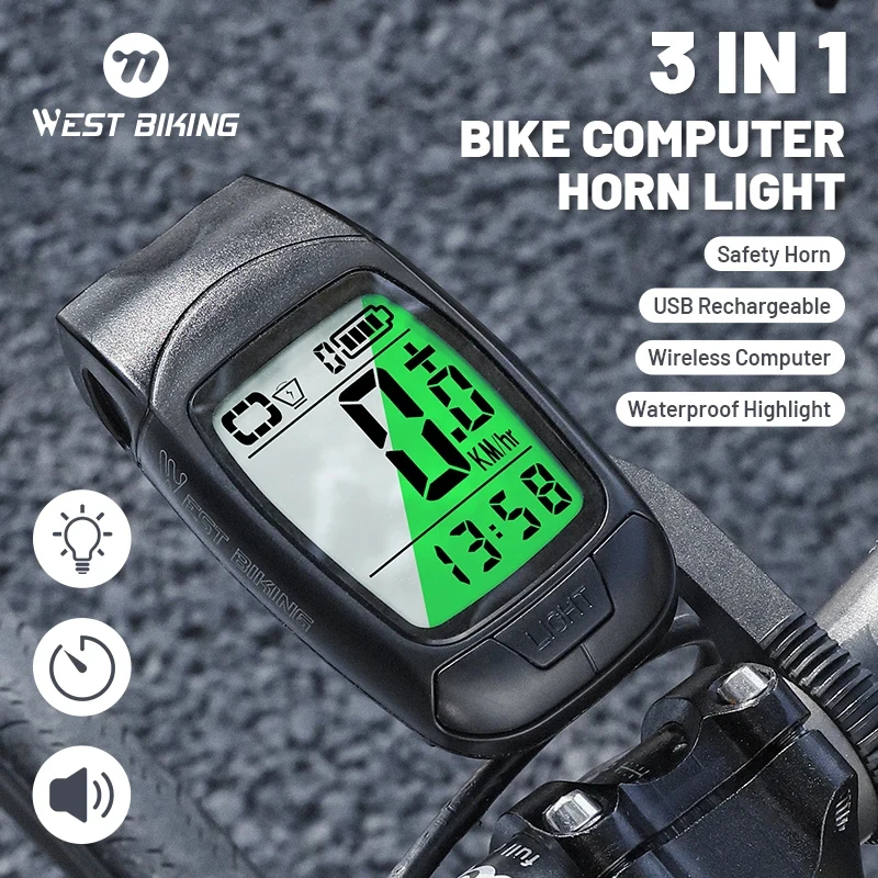 3 In 1 Bike Computer with LED USB Rechargeable Bike Light Waterproof Bicycle Horn Speedometer Bicycle Lamp for MTB Road Bike