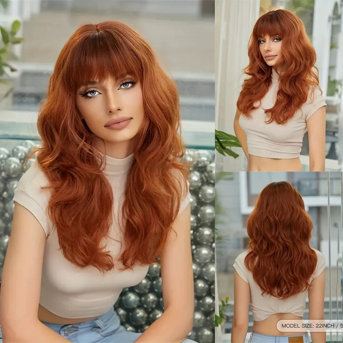 Copper Deep Wavy Synthetic Wigs with Bangs Medium Length Ginger Red Brown Cosplay Wig for Women Daily Party Use Heat Resistant