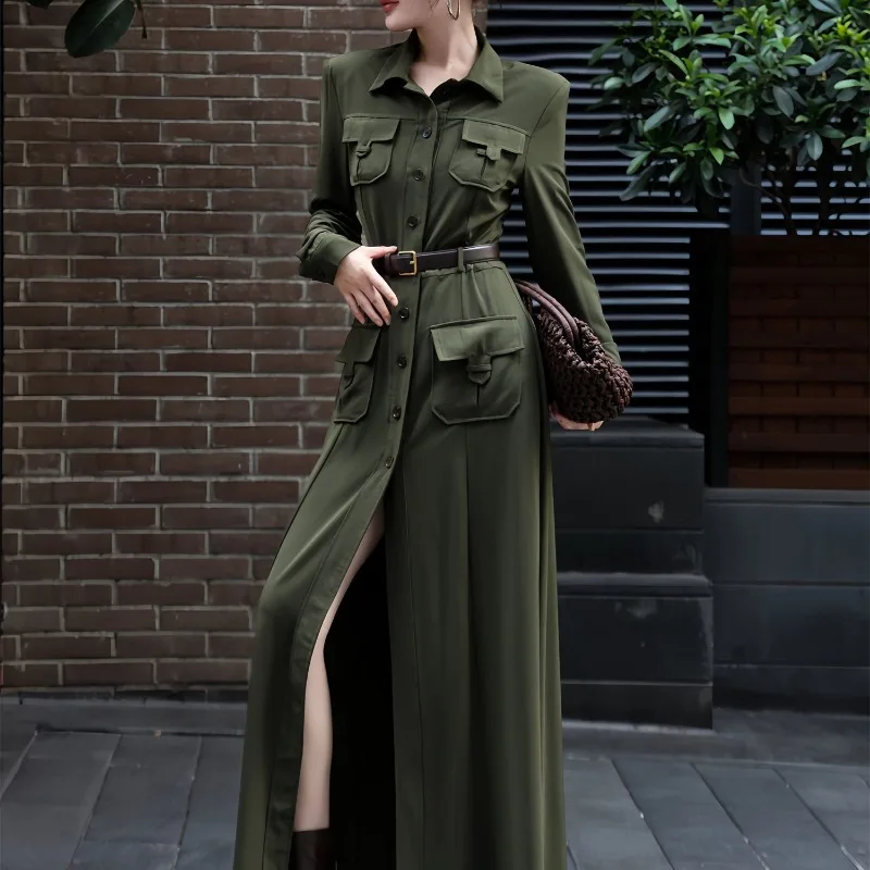 

Long Dress Dress Women's Retro Hong Kong Style Elegant Shirt Collar Tie-up Below-the-knee Slit New Minimalist Fashionable Niche