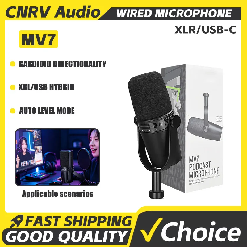 CNRV MV7 Professional Dynamic Cardioid Microphone, Suitable for Live Vocals, Performances, and Studio Recording, Wired Microphon