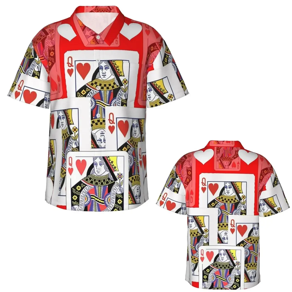 Casino Nights Red Queen Of Hearts Hawaiian Shirts Funny Men Short Sleeve Shirt for Summer Beach Men's Lapel Tops