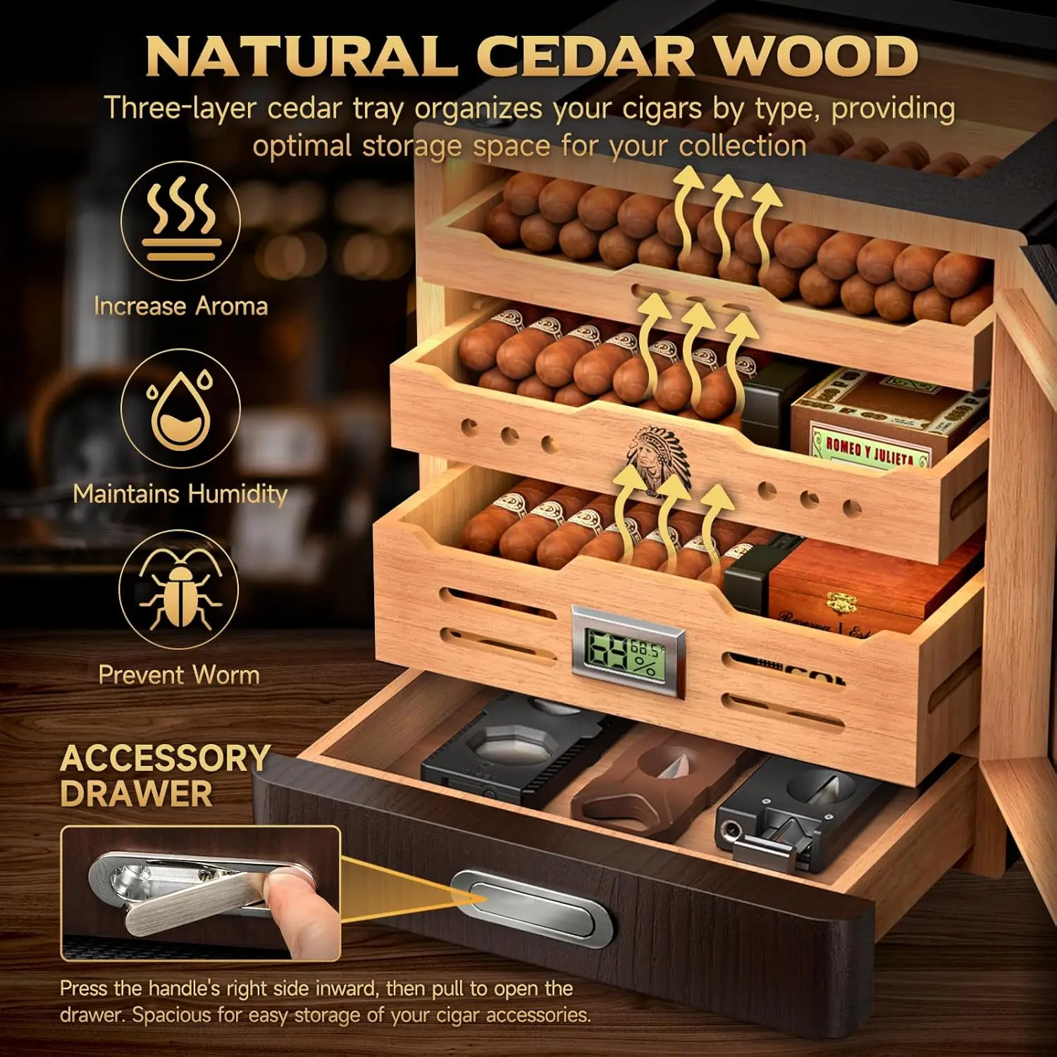 خزانة سيجار قابلة للتعديل مع مقياس رطوبة رقمي، 3 أدراج من خشب الأرز وغطاء زجاجي تتسع لـ 80-100 سيجار