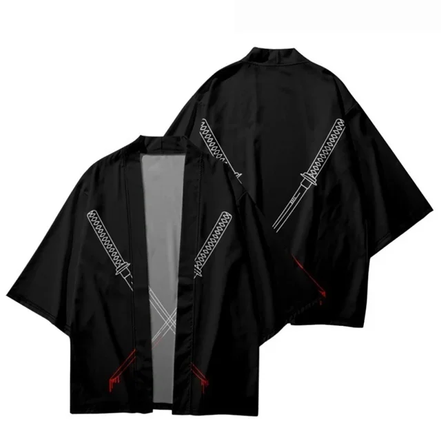 New Men Japanese Kitsune Fox Mask Haori Kimono Black Cloud Sakura Print Open Front Lightweight Beach Cover Up Tops