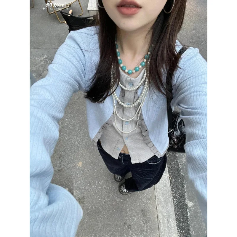 Artist Two-Piece Autumn Winter Blue Patchwork Color-Block Top