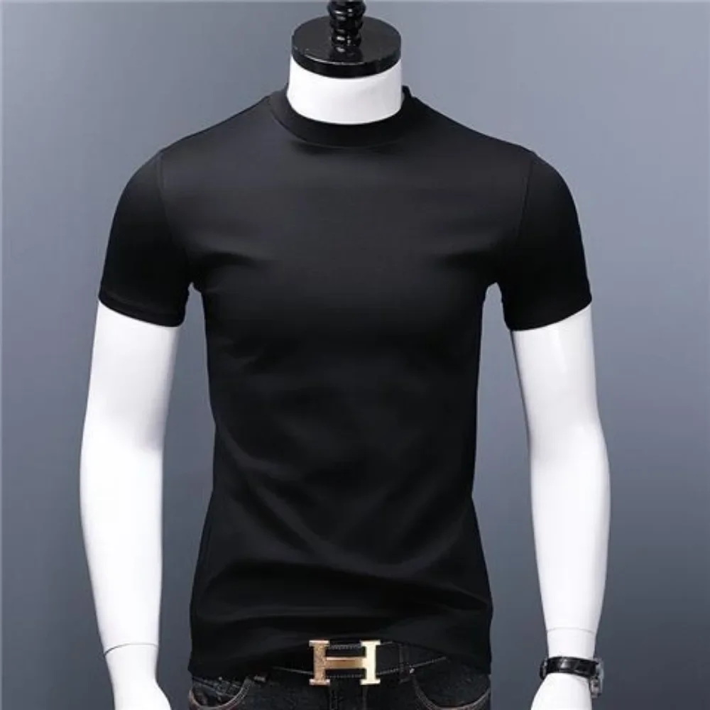 Men\'s Casual Turtleneck T-Shirts Short Sleeve Solid Slim Fit Silk High Neck Tops Inner Wear Trendy Round Neck Base Layer Shirt