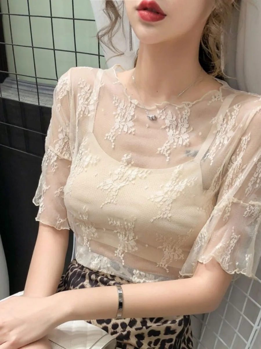 

Lace Base irt Women's ort Sve T-irt Thin Me Inner Wear Fairy Aosphere Hollow out Net irt Faionable round Nec...