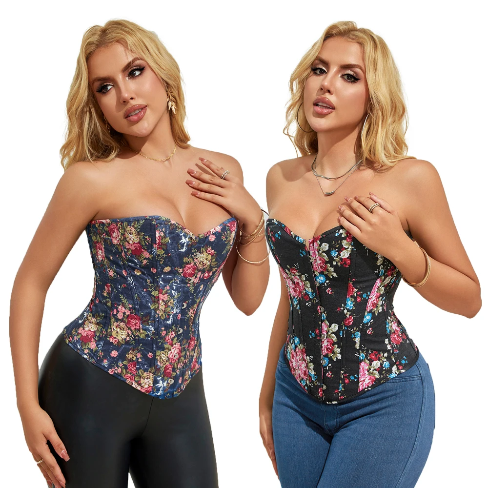 

Overbust Corset Vintage Lingerie Basques Blue Black Denim Floral Slim Fit Bustier Top Korset