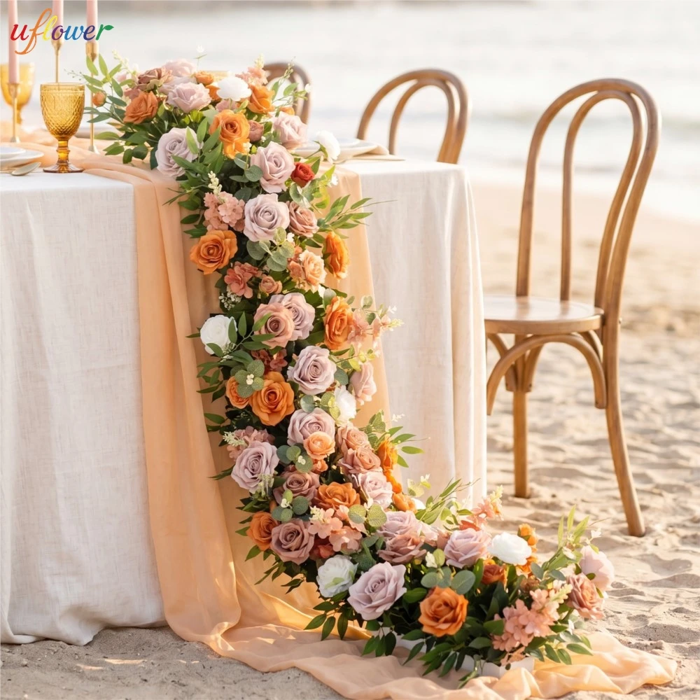 

Uflower Dusty Pink Orange Hibiscus Rose Silk Artificial Flower Table Centerpiece Runner Decor Flowers for Wedding Backdrop Decor