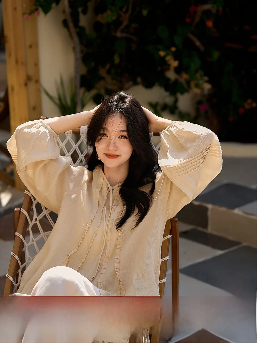 

Lilis Doll Loose Linen Shirt Women's Spring New Style Cool Feeling Wooden Design Casual Long Sleeve Bubble Sleeve Top