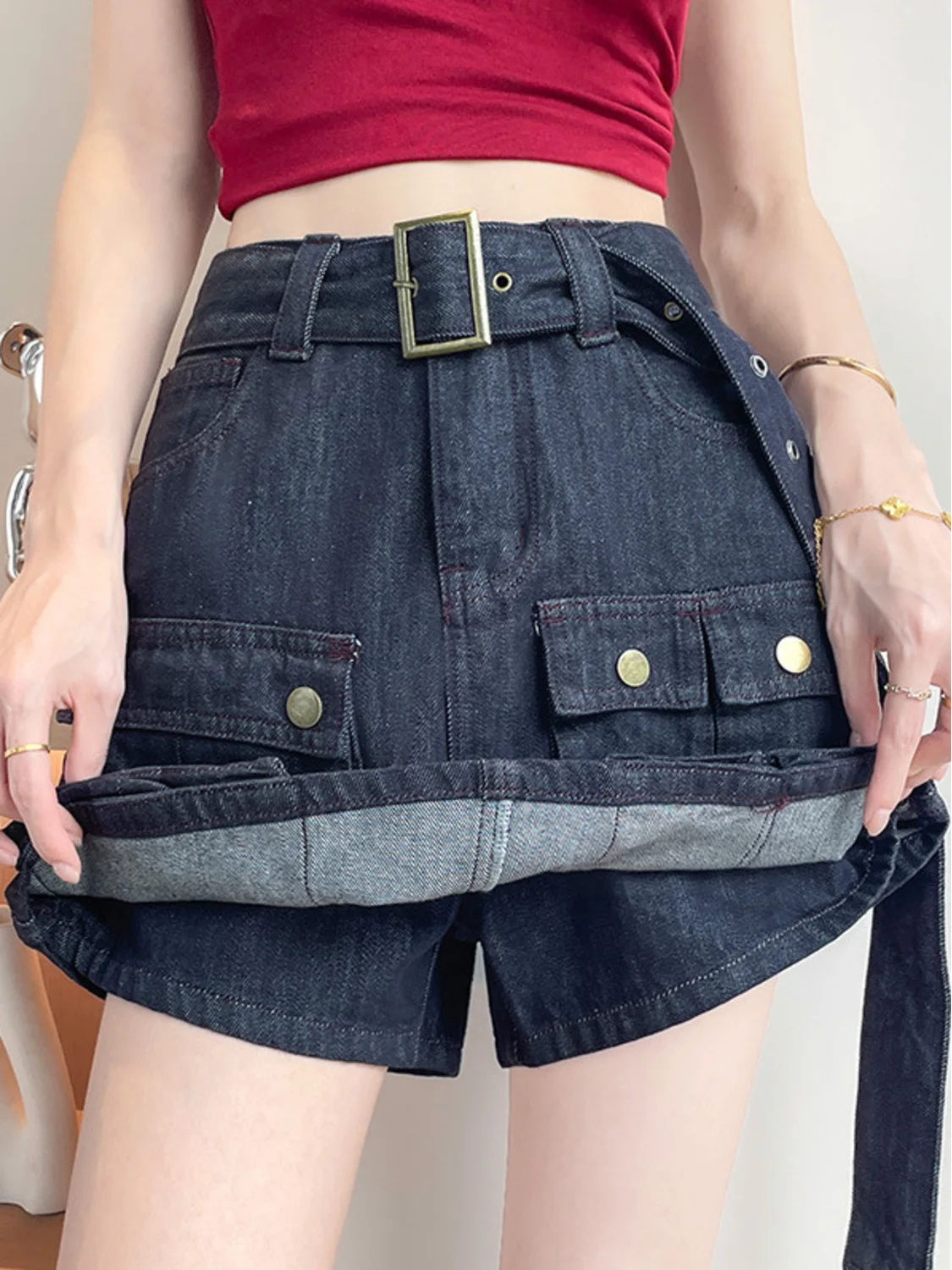 

Women's High Waist Denim Skort with Built-in Shorts A-Line Mini Jeans Skirt Cargo Pockets Flap Button Detail Adjustable Belt Y2K