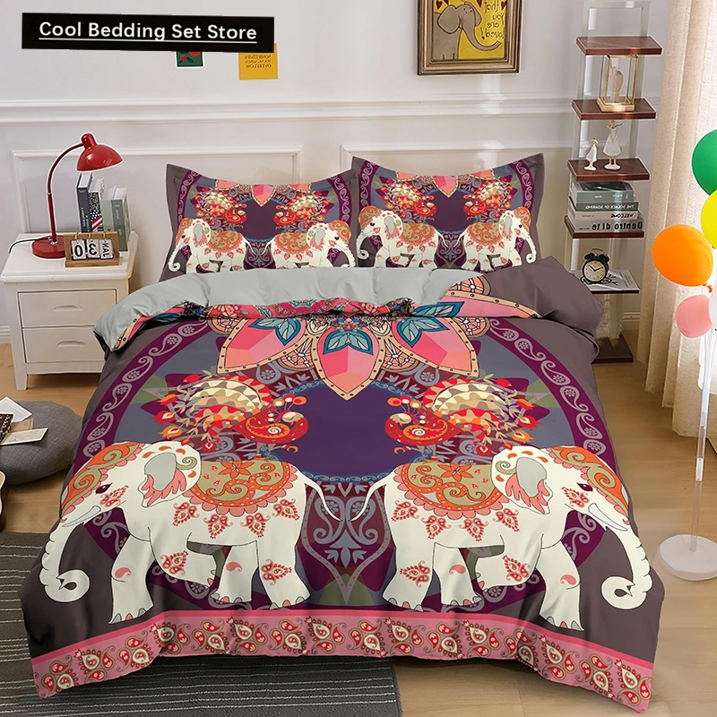 

Bohemian Elephant Bedding Sets Queen King Size Colorful 2/3Pcs Duvet Cover Boho Psychedelic Indian Mandala Polyester Quilt Cover