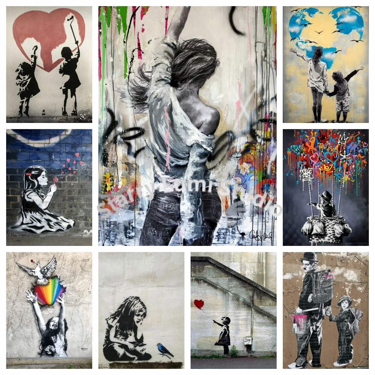 Kits de peinture diamant Graffiti Art Banksy Balloon Girl, broderie au point de croix DIY, mosaïque, décoration intérieure, motif garçon et fille 'Love You Forever'