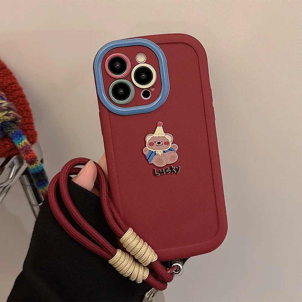 Niedliche Cartoon-Bär-Lanyard-Telefonhülle für iPhone 15 11 13 16 12 14 Pro Max XR XS X 7 8 Plus, stoßfeste Silikon-Schutzhülle