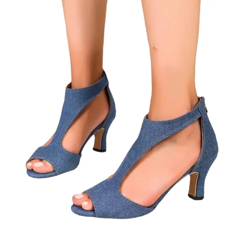 Women Denim Rome Sandals High Heels Sexy Women Summer Designer Party Shoes Dress Open Toe Slippers  Brand Slides Femme Pumps