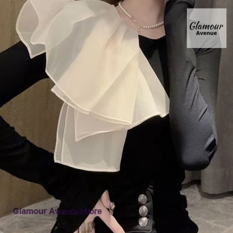 French contrast color irregular mesh ruffled stitching blouse women's spring and autumn fashion temperament casual Joker blouse