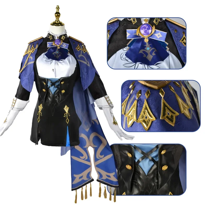 Juego MN1 Genshin Impact Clorinde, disfraz de Cosplay, peluca, sombrero, pendientes de uniforme Fontaine, disfraz de fiesta de Halloween para mujer, papel Pl8/yG