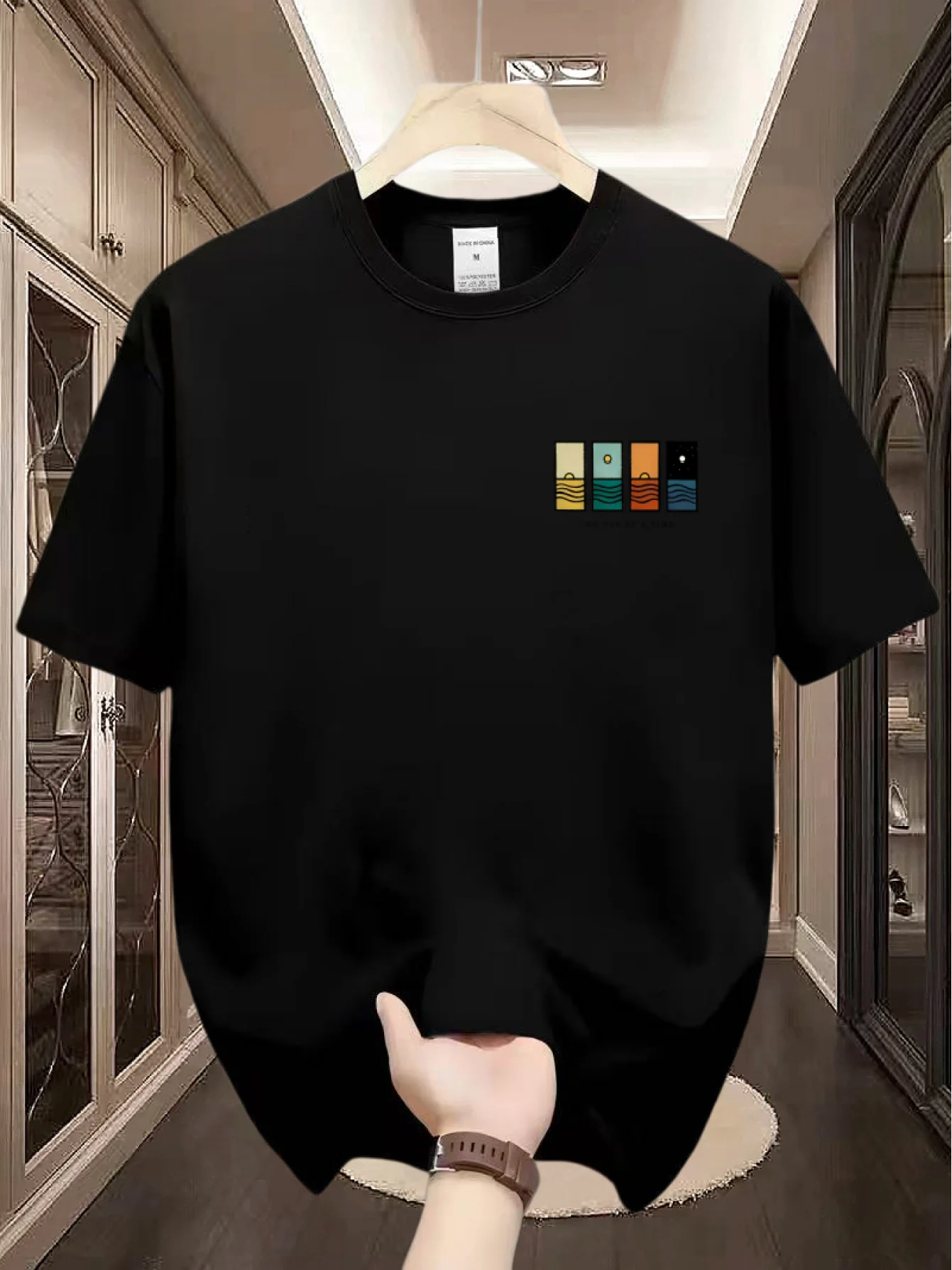 Men Minimal Chest Print Tee Sea Sunset Four Blocks One Day At A Time Cotton Short Sleeve Crew Neck Casual Summer Daily Basic Top