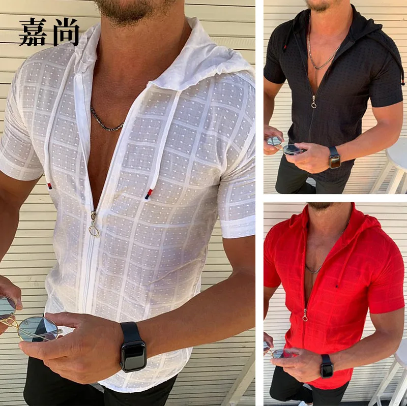 2025 nuova primavera/estate moda uomo manica corta casual tinta unita con cerniera felpa con cappuccio gita sportiva T-shirt felpa bluza