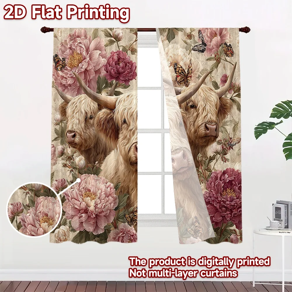 2D FLAT PRINTING 2pcs Curtains (Without Rod) Farm Animals and Flowers Print Chic Curtains Versatile Polyester Fabric Curtains