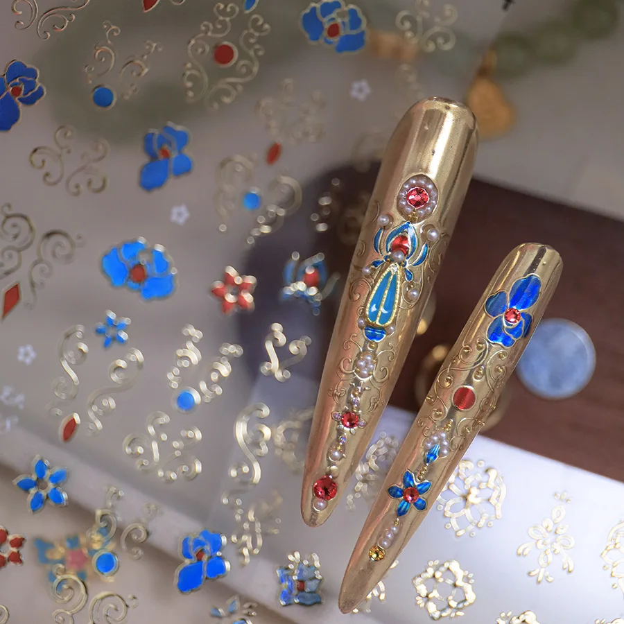 중국 빈티지 골드 5D 네일 아트 스티커 고급스러운 꽃무늬 기하학 패턴 임페리얼 다이너스티 영감 접착 매니큐어 데칼