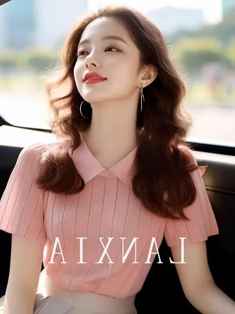 

Faionable Ne Ice Silk Thin Knitted Sweater Beautiful Pink ort Sve Ele Top Women's Summer Casual Wear