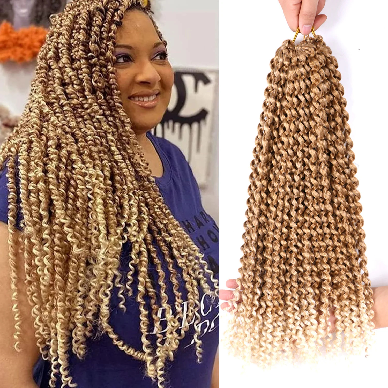 

Ombre Blonde Passion Twist Hair 18 дюймов 7 упаковок Волна воды Вязание крючком Волосы Длинные богемные вьющиеся плетение волос для Butterfly Locs