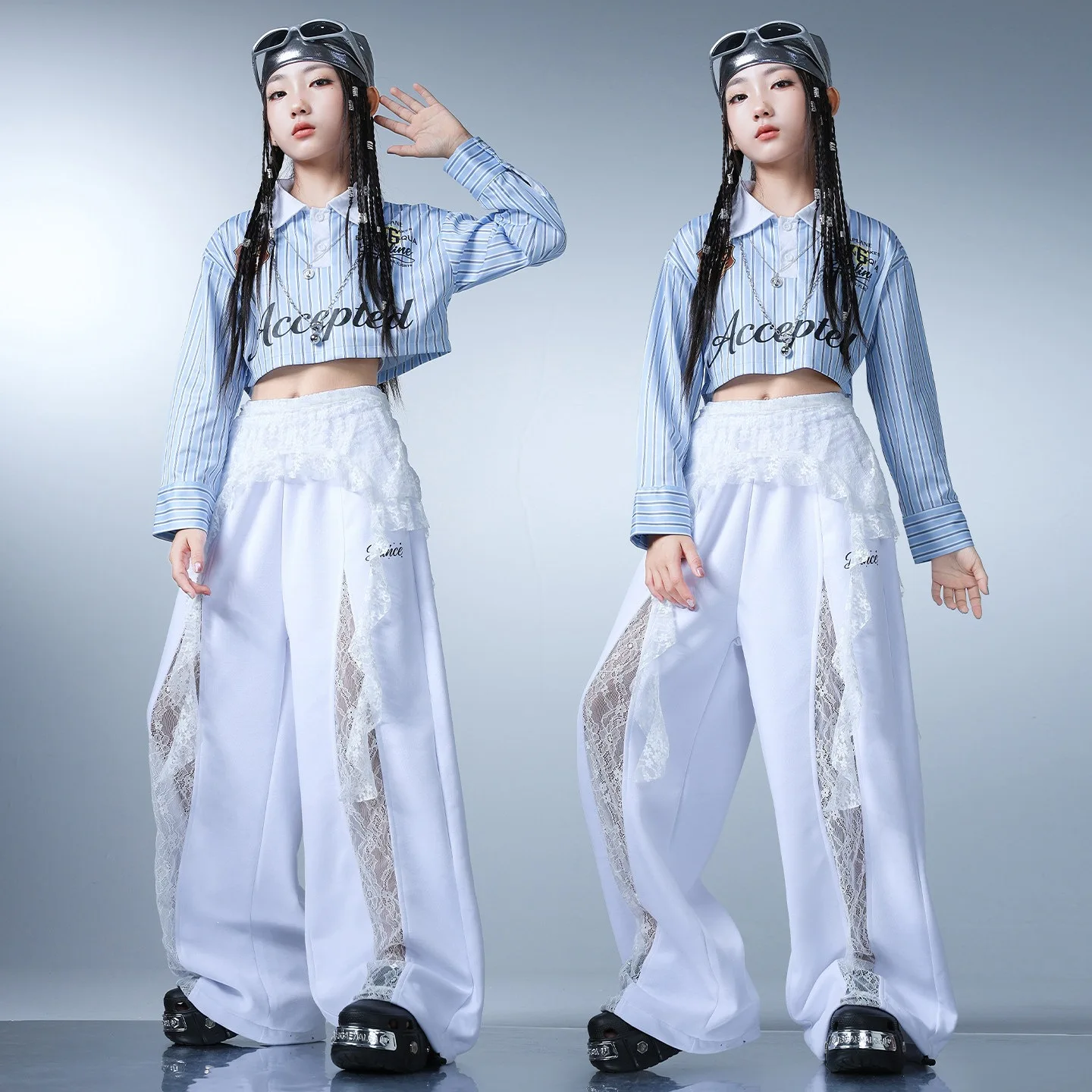 Girls Hip Hop Blue Stripes Crop Top Lace Pants Street Dance Children K-pop Streetwear Girl Group Clothes Set Kids Jazz Costume