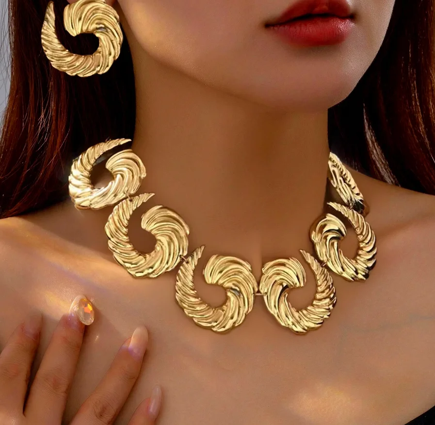 Europe and the United States cross-border supply retro exaggerated spiral geometry shaped necklace earrings set temperament ladi