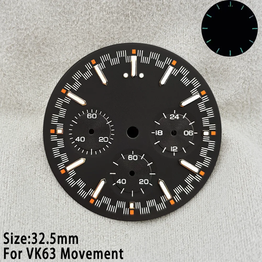 32.5mm pour cadran VK63 C3 vert lumineux de haute qualité avec fenêtre de calendrier adapté au boîtier en verre de cristal minéral accessoire de montre