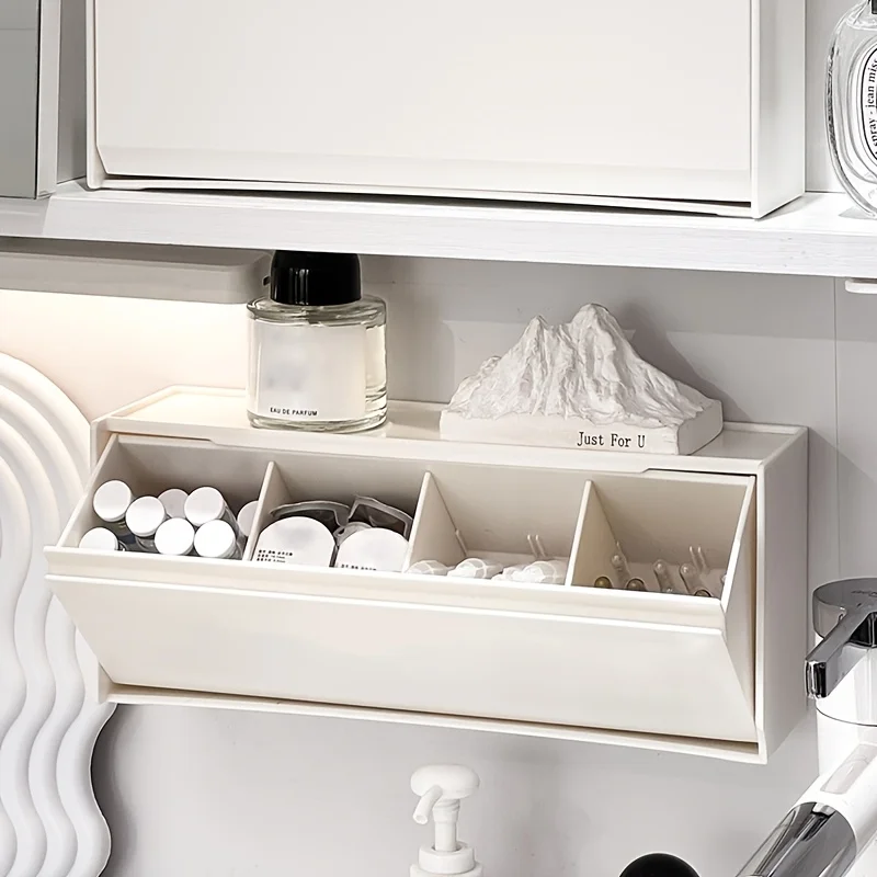 Boîte de rangement multi-compartiments à couvercle rabattable, conception sans perçage, pour tampons de coton, cotons-tiges, serviettes hygiéniques