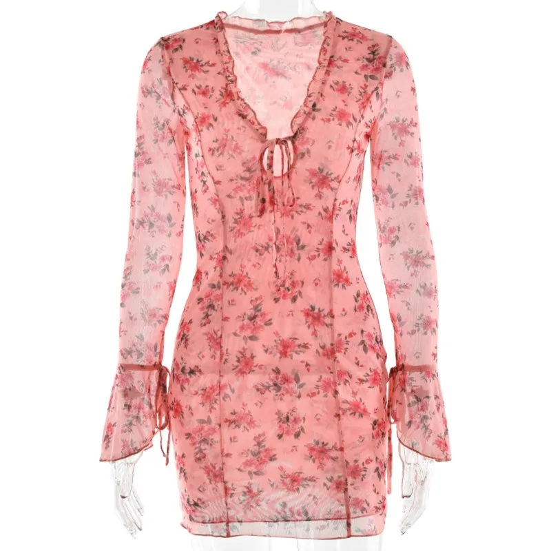 2025 Estate delle nuove donne retro stampa floreale profondo scollo a V chiffon manica lunga cravatta abito posteriore slim fit trasparente backless party chic