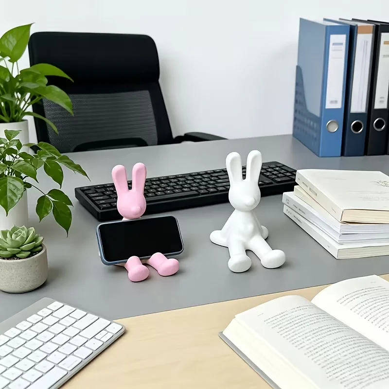 3D Printed Lazy Sitting Bunny Phone Holder Cute Rabbit Figurine Desktop Cell Phone Stand Window Sill Decor Pet Lover Gift