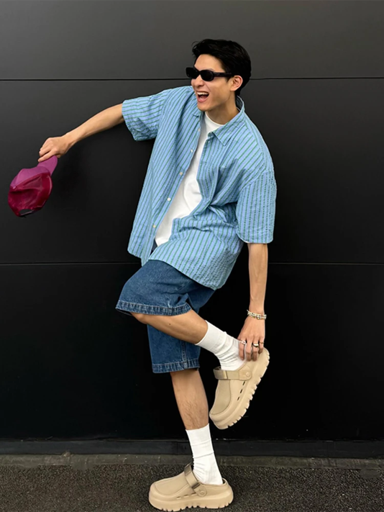 Deep Blue Men's Loose Fit Straight Leg Jeans ort Pants American High Street Sle Summer Faion Youth Trend Five-Quarter L...